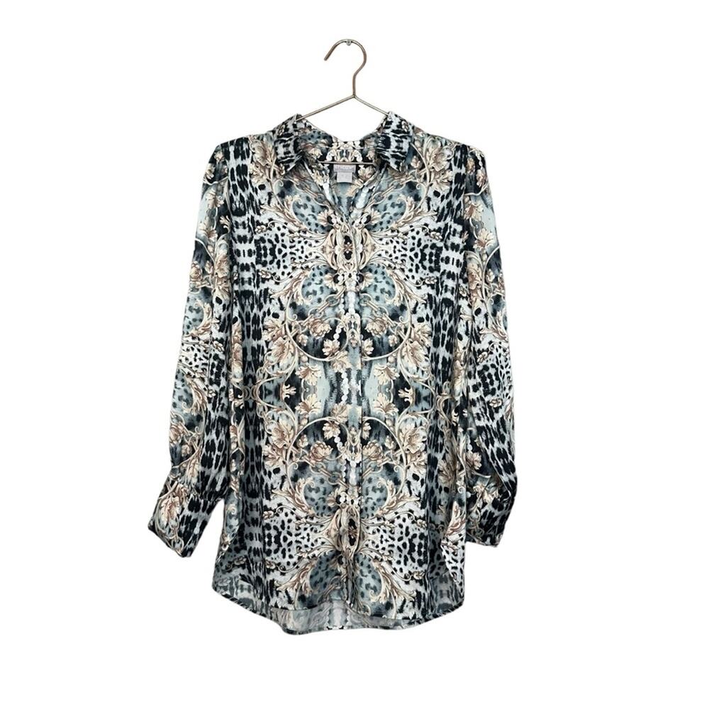 Chico's Feminine Elevated Status Tunic in Iced blue chains and floral detail 0 S